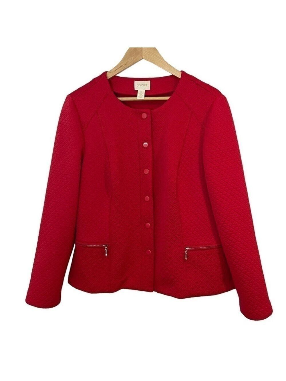 Chico’s Quilted Full Zip Cardigan Women’s Sz 2 Large Red Lightweight Jacket Fall